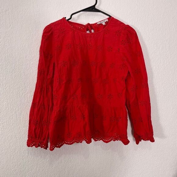 Madewell Red Eyelet Cutout 3/4 Length Sleeve Blouse Top - Picture 1 of 6